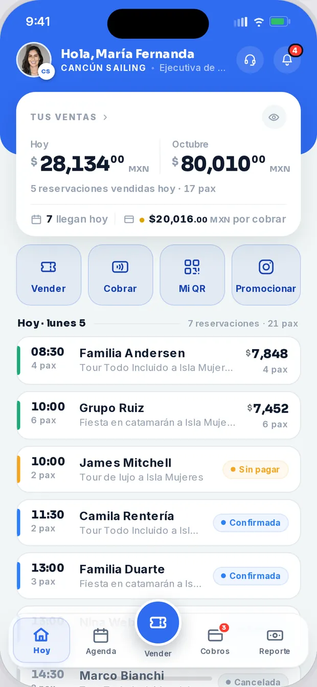 Inicio de la app de Cancún Sailing con las ventas del día