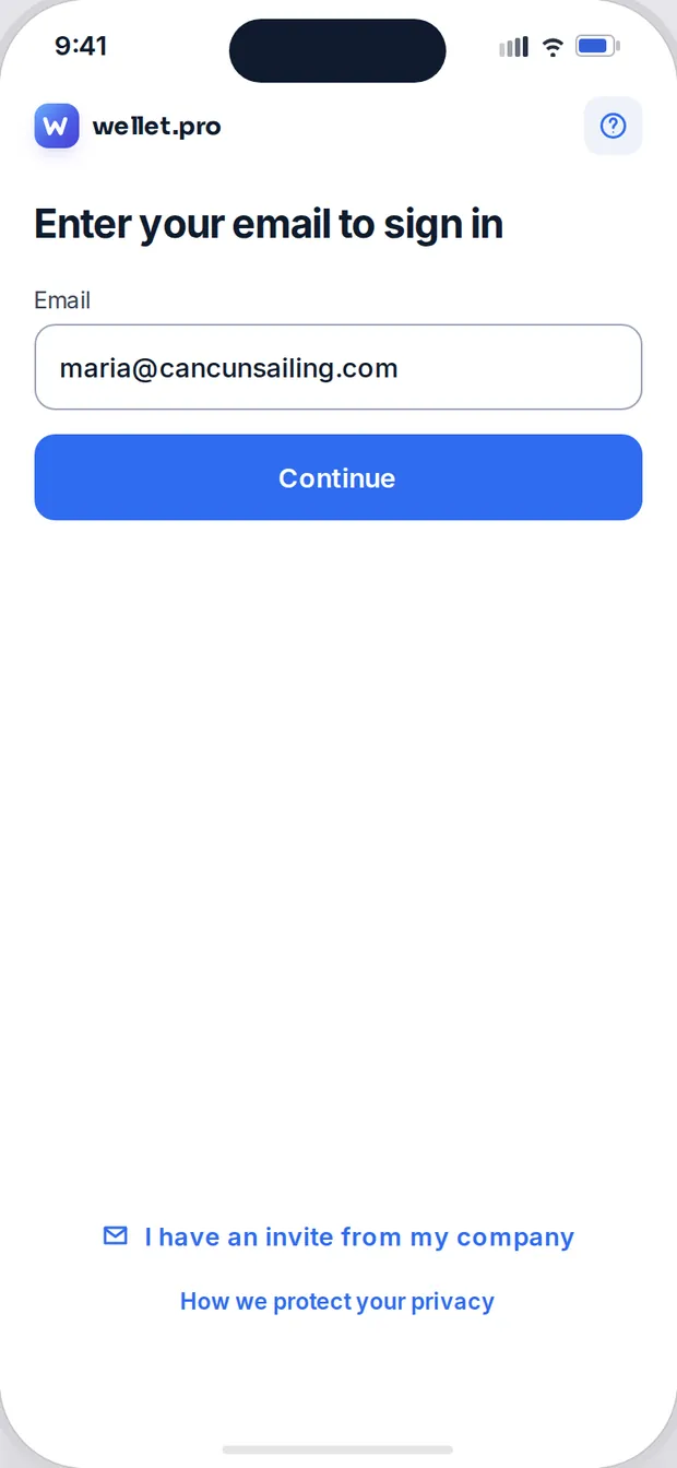 Signing in to Wellet.Pro with a Cancún Sailing email