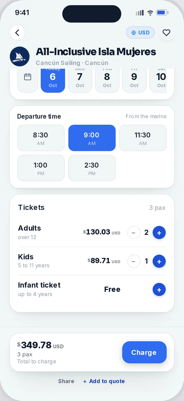 All-Inclusive Tour screen with 2 adults and 1 child