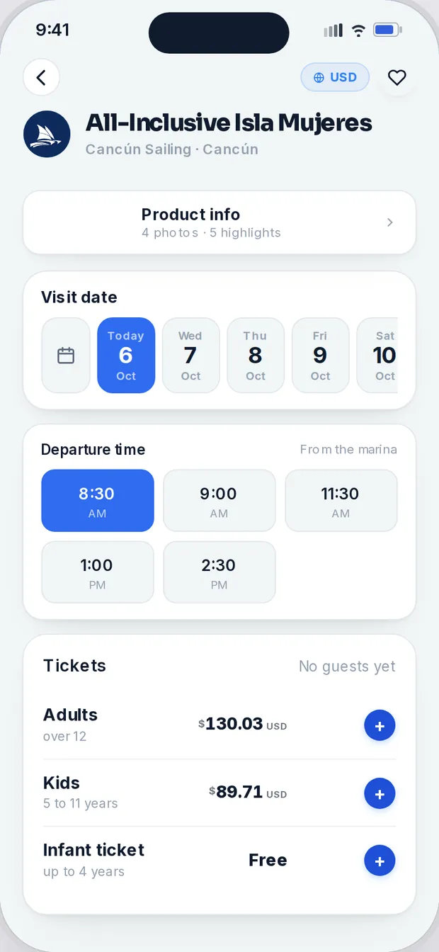 All-Inclusive Tour screen with 2 adults and 1 child