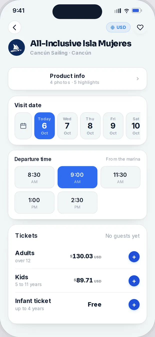 All-Inclusive Tour screen with 2 adults and 1 child