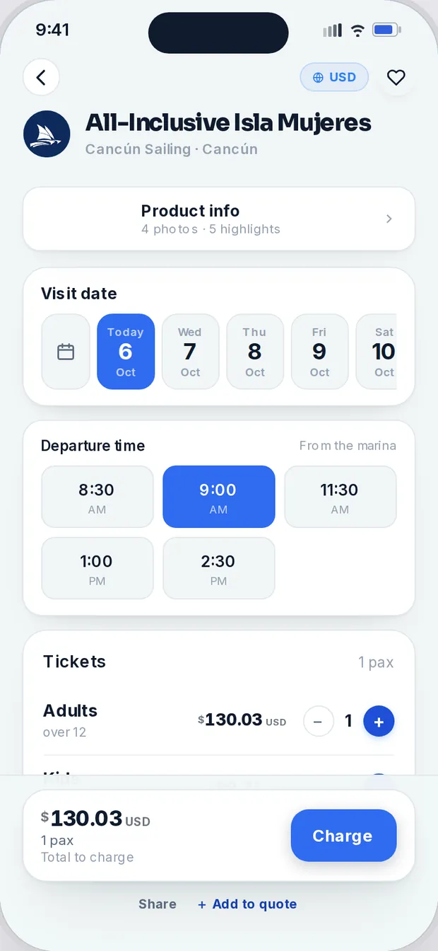 All-Inclusive Tour screen with 2 adults and 1 child