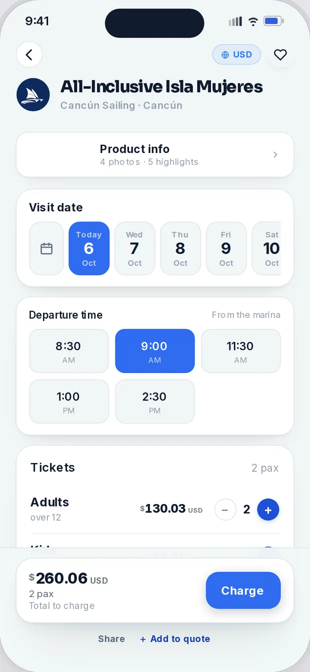 All-Inclusive Tour screen with 2 adults and 1 child