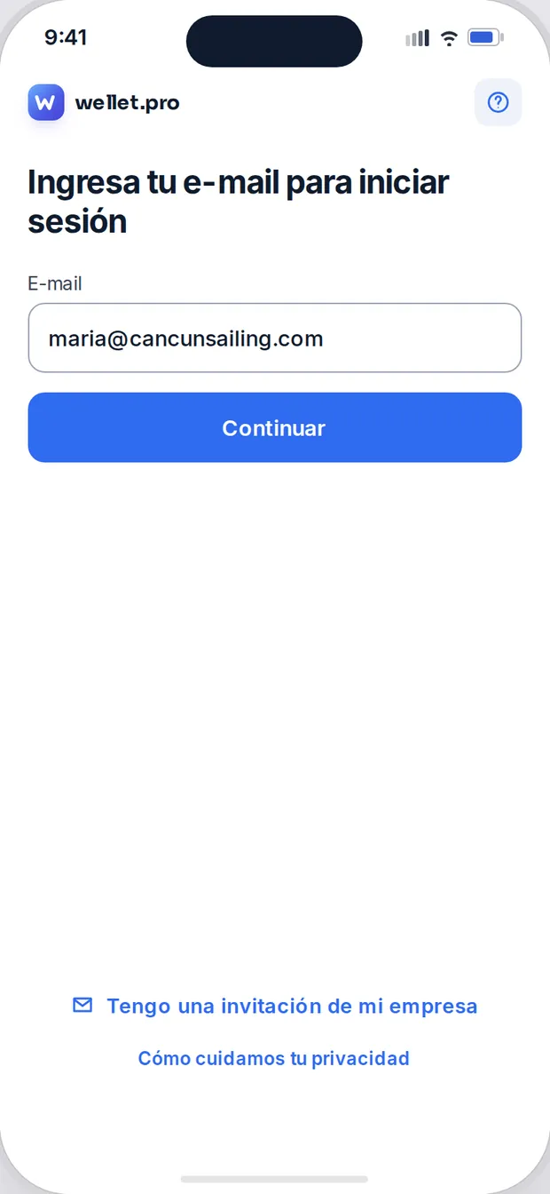 Inicio de sesión en Wellet.Pro con el correo de Cancún Sailing