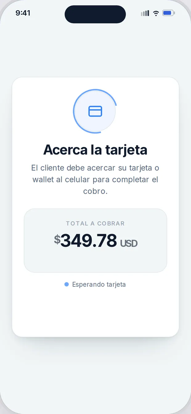 Pantalla de Tap to Pay con US$349.78