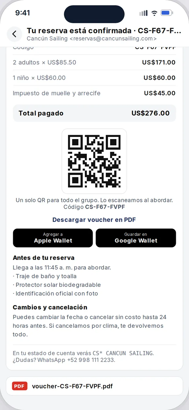 Correo con el voucher y el QR
