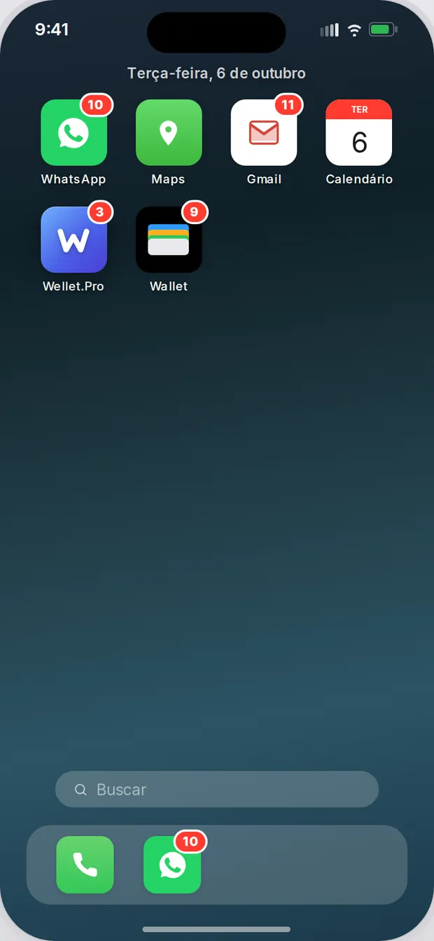 Tela inicial do celular com o app da Wellet.Pro