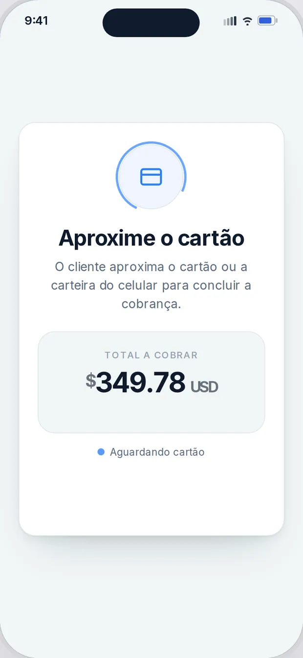 Tela de Tap to Pay com US$349.78