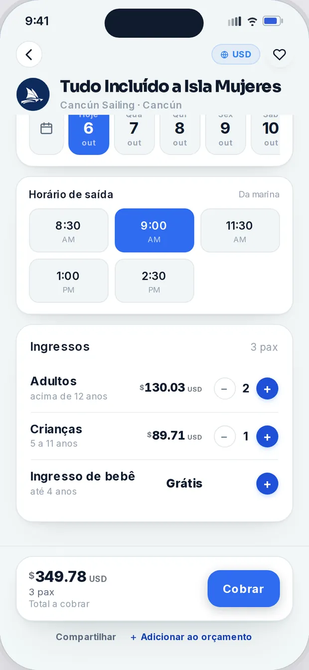 Tela do passeio Tudo Incluído com 2 adultos e 1 criança