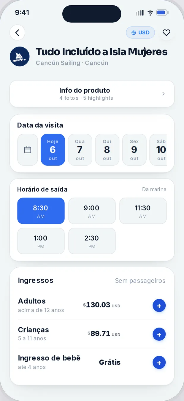 Tela do passeio Tudo Incluído com 2 adultos e 1 criança