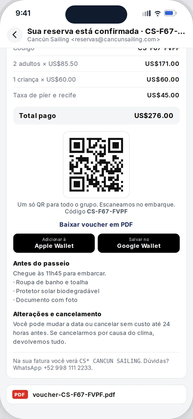 E-mail com o voucher e o QR
